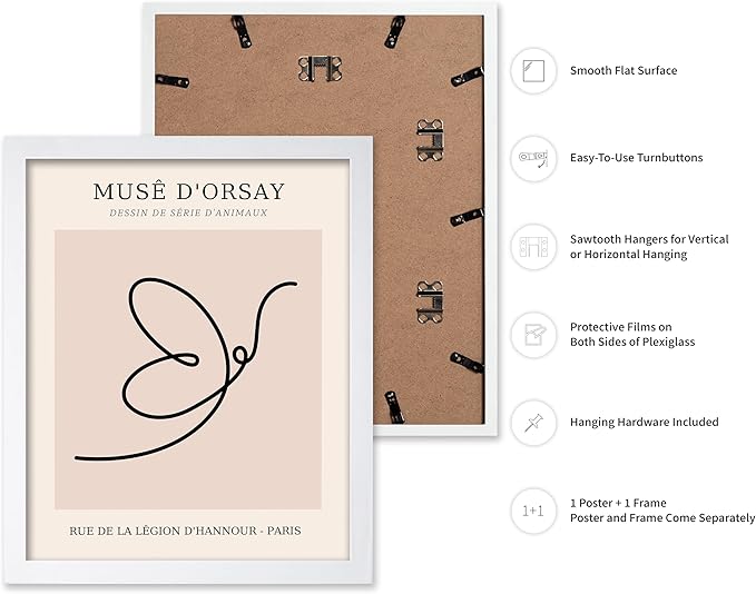 Poster Master Vintage Poster - Retro One Line Butterfly Drawing Print - Butterfly Line Art - Minimal Gift for Him, Her, Animal Lover - Abstract Decor for Home, Office, 11x14 White Framed