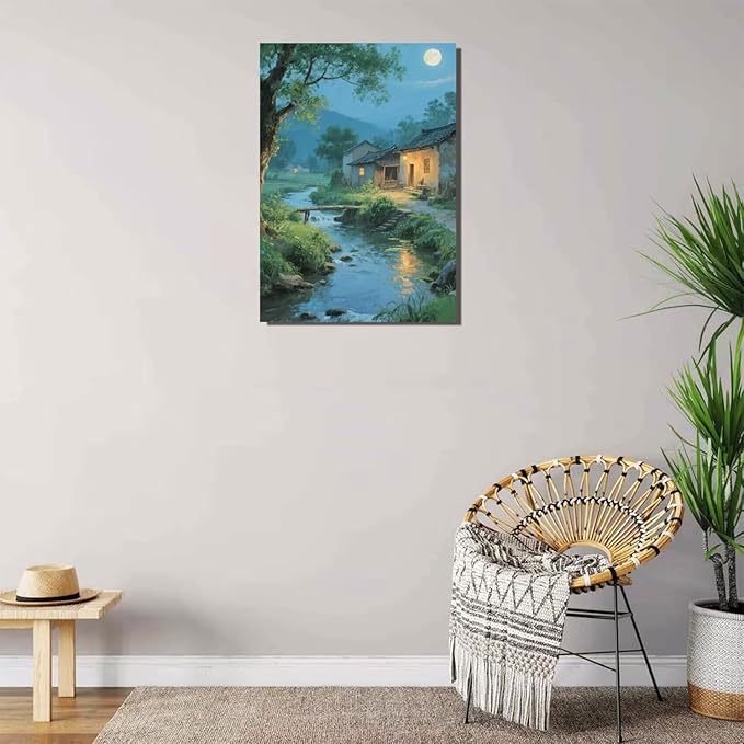 Moonlight under the big tree creek cabin scenery is suitable for posting in the living room bedroom office scenery poster wall painting