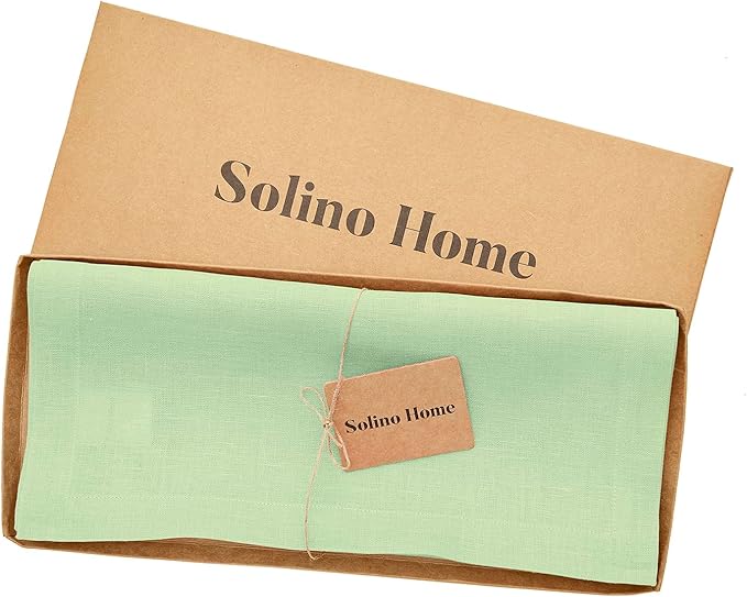 Solino Home Linen Pastel Green Table Runner 60 Inches - 100% Pure Linen Farmhouse Short Table Runner 14 x 60 Inch Ideal for Dresser and Coffee Tables - Fete