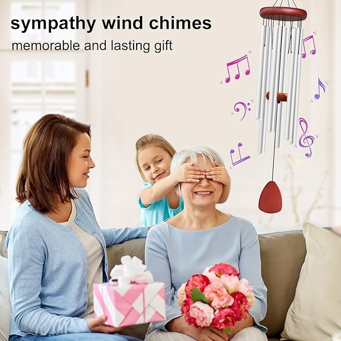 Large Aluminium Wind Chimes Outside, Soothing Melodic Memorial Sympathy Wind Chime, Suitable Outdoor Garden Decor, Gift for Mom Women Neighbors (Silver Wind Chimes-36)