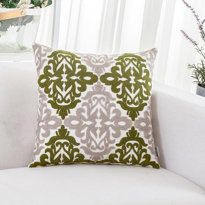 HWY 50 Green Decorative Throw Pillow Covers 18x18 Inch (1 Piece), Embroidered Cotton Farmhouse Cushion Cover Pillow Case for Sofa Couch Living Room Bed Bedroon, Floral Geometric