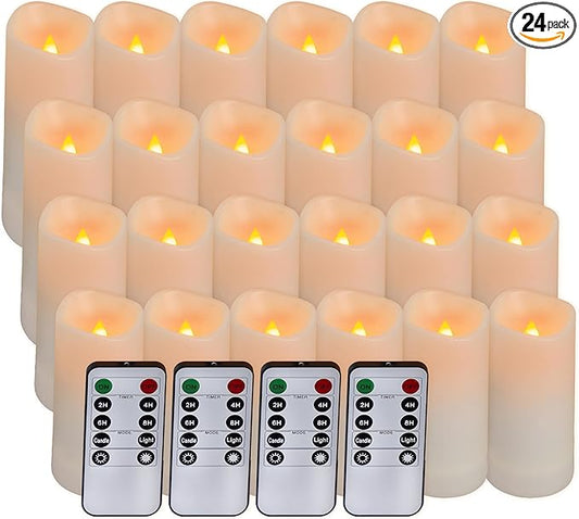 Aignis 24pcs Flameless LED Candles Battery Operated with 10-Key Remote Timer, Outdoor Waterproof Electric Lights, Warm Flickering Glow for Cozy Home/Wedding/Holiday Décor (D2.2'' x H4''/5''/6''/7'')