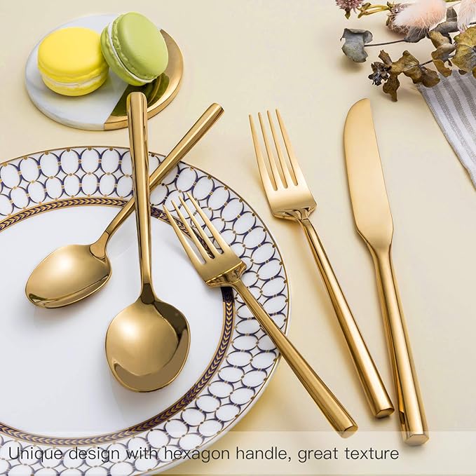 Gold Silverware Set Flatware Set Stainless Steel Cutlery Set 60 Pieces Thick Heavy Hexagon Handle Service for 12