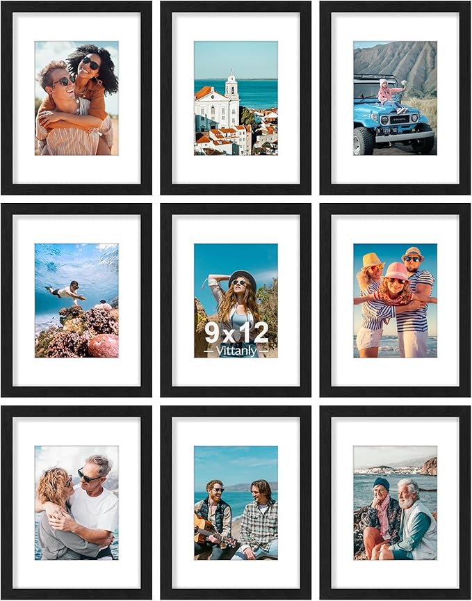 Vittanly 9x12 Picture Frames Set of 9, Shatter Resistant Plexiglass, Display 6x8 Pictures with Mat or 9x12 without Mat, Photo Frames for Wall or Tabletop, Engineered Wood, Black