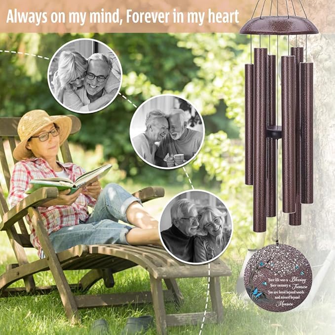 Personalized Wind Chimes, Blue Butterfly Sympathy Wind Chime, in Loving Memory for Loss of Loved Dad/Mom, Metal Large Memorial Condolences Gifts, 36inch Deep Tone Wind Chime
