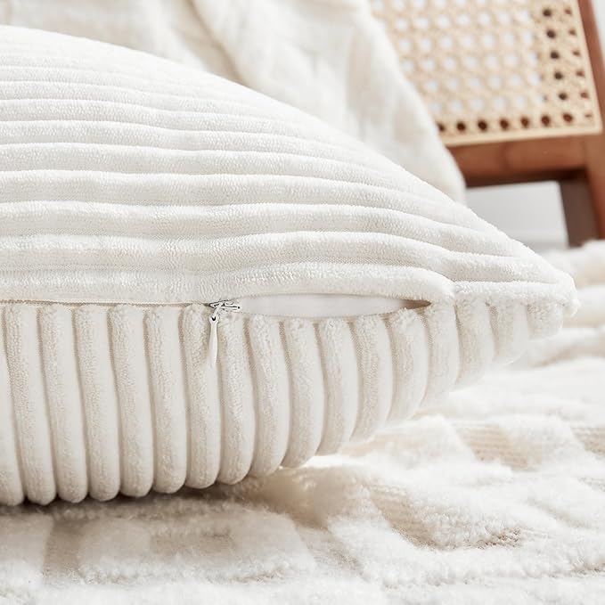 Fancy Homi 2 Packs Cream White Decorative Throw Pillow Covers 20x20 Inch for Living Room Couch Bed Sofa, Farmhouse Boho Home Decor, Soft Corss Corduroy Patchwork Accent Square Cushion Case 50x50 cm