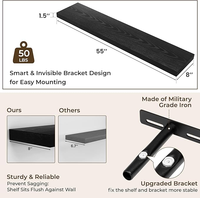 RICHFOCUS 55Inch Floating Shelves for Wall 2 Pack Shelves for Bedroom|Kitchen|Bathroom Wall Mounted Rustic Wood Floating Shelf with Invisible Brackets for Books|Storage|Decor, Black