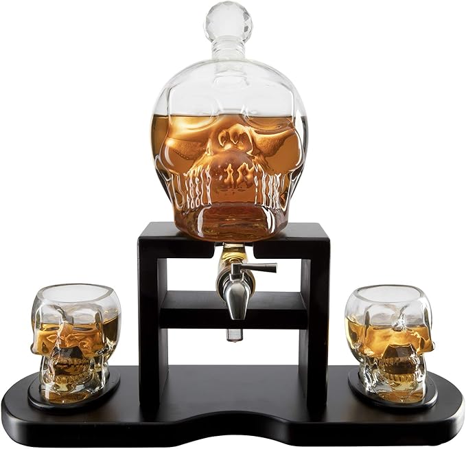 Skull Skeleton Wine & Whiskey Decanter Set 750mL with 2 Skull Shot Glasses 3oz | Gothic Skeleton Barware on Mahogany Wooden Base with Spigot | Spooky Halloween Decor Drinkware & Unique Goth Gift Idea
