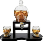 Skull Skeleton Wine & Whiskey Decanter Set 750mL with 2 Skull Shot Glasses 3oz | Gothic Skeleton Barware on Mahogany Wooden Base with Spigot | Spooky Halloween Decor Drinkware & Unique Goth Gift Idea