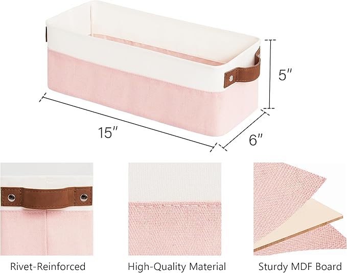 StorageWorks Narrow Storage Bins, Small Basket for Closet and Shelves, Fabric Organizer with Handles, Toilet Paper Storage, Pink and White, 2-Pack