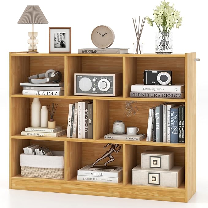 Tangkula 8-Cube Bookcase, Wood 3 Tier Open Storage Bookshelf, Modern Multipurpose Display Cabinet for Living Room, Study, Reading Nook, 48 x 12.5 x 36.5 Inch, Burlywood
