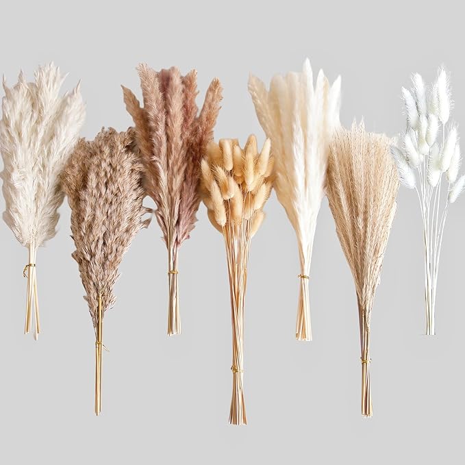 125 PCS Dried Pampas Grass Bouquet, Boho Table Decor, Bunny Tails Dried Flowers, Brown Pampas, White Pampas Grass for Weddings, Home Decor, Rustic Parties, and Baby Shower Decorations