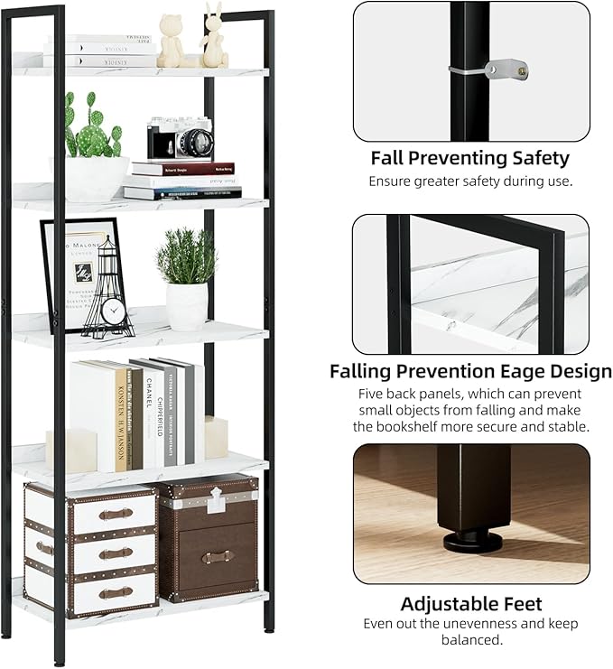 NUMENN Bookshelf, 5 Tier Bookshelves, Home Office Bookcase Shelf Storage Organizer, Free Standing Storage Shelving Unit for Bedroom, Living Room and Home Office, White Marble