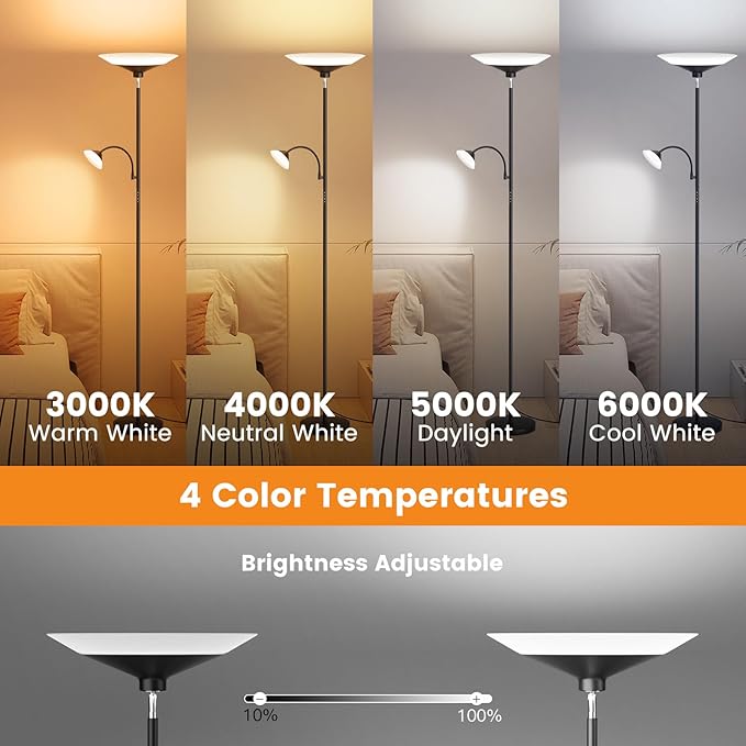 Upgraded 2-in-1 Torchiere Floor Lamp, Dimmable Standing Lamp with Remote&Touch Control, 34W Brightness Adjustable Floor Reading Light, Black Modern Corner Lamp for Living Room Bedroom Office