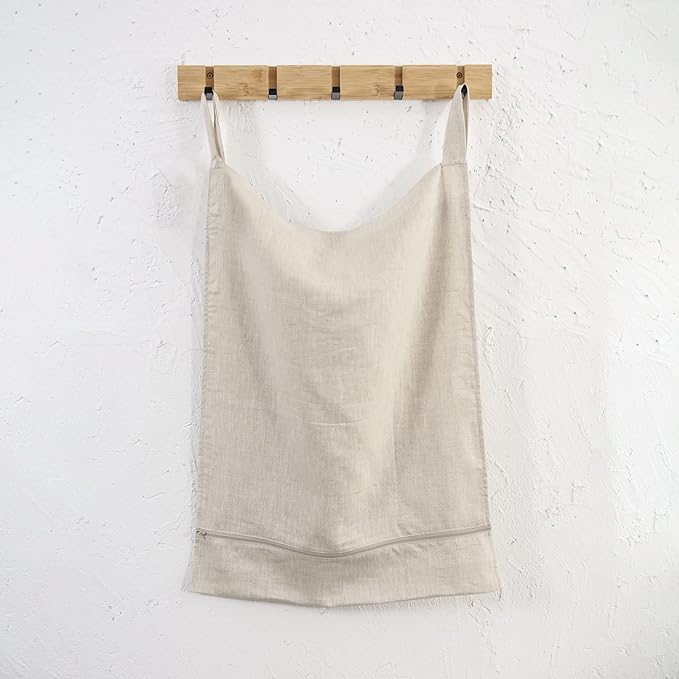 Linen Hanging Laundry Bag, 100% Linen Over The Door Laundry Hamper with Buttons and Zipper, Space Saving Door Hampers for Laundry Dirty Clothes Home Travel, Linen