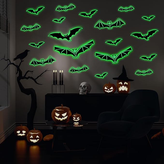 3 Sheets Glow in The Dark Halloween Skeleton Bat Decals Luminous Halloween Skeleton Bat Stickers Removable Bat Wall Decor Glowing Window Clings for Scary Halloween Theme Party Decorations