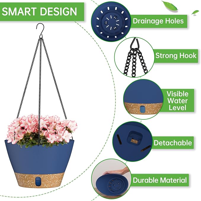 ZMTECH 8 Inch Hanging Planters for Indoor Plants, Hanging Baskets for Plants Outdoor with Visible Water Level, Hanging Flower Pots with Drainage Holes & Removable Tray(2 Pack, Blue)