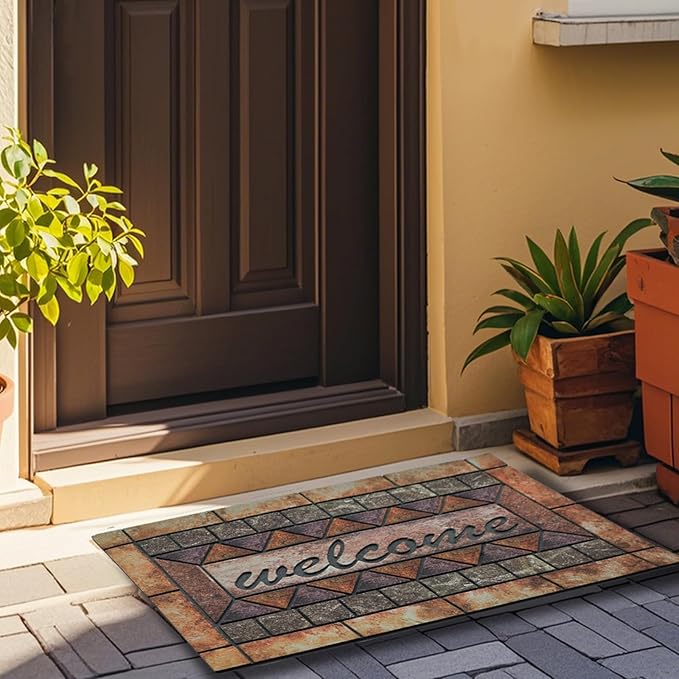 Door Mat Welcome Mat, Heavy Duty Door Mat 17.7 x 29.5 Inch Front Door Mat Rug Doormat for Outdoor Entrance Home Non-Slip Rubber Rug for Front Door, Outside, Entryway, Patio (Brown Welcome)