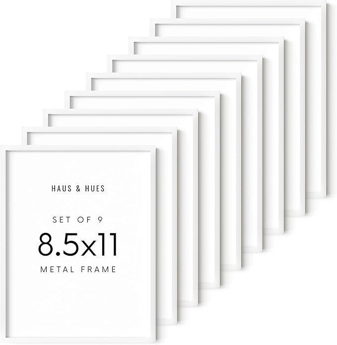 HAUS AND HUES 8.5x11 White Metal Picture Frames - Features Premium Aluminum, Vertical & Horizontal Hang, Shatterproof Plexiglass - Perfect for Home, Room, Office (8.5x11 in, White, Set of 9)