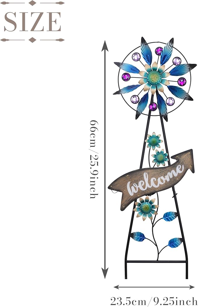 TERESA'S COLLECTIONS Peacock Garden Decor Solar Stake, Wind Spinner for Outdoor Decorations, Metal Windmill Blue Floral Yard Art Sign Decorative Garden Stake for Lawn Ornaments, Gifts for Mom, 26''
