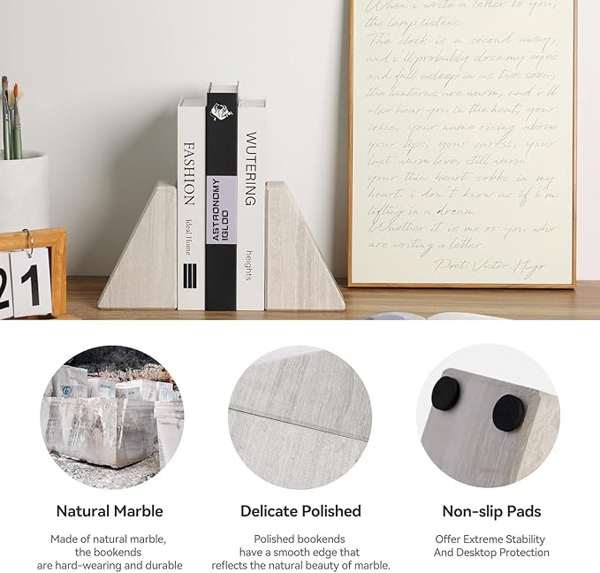 Marble Book Ends for Heavy Books, Decorative Bookends for Shelves, Durable and Heavy-Duty Bookends for Hardback Book & CDS, Off-White Unique Books Stopper & Holder, Set of 2