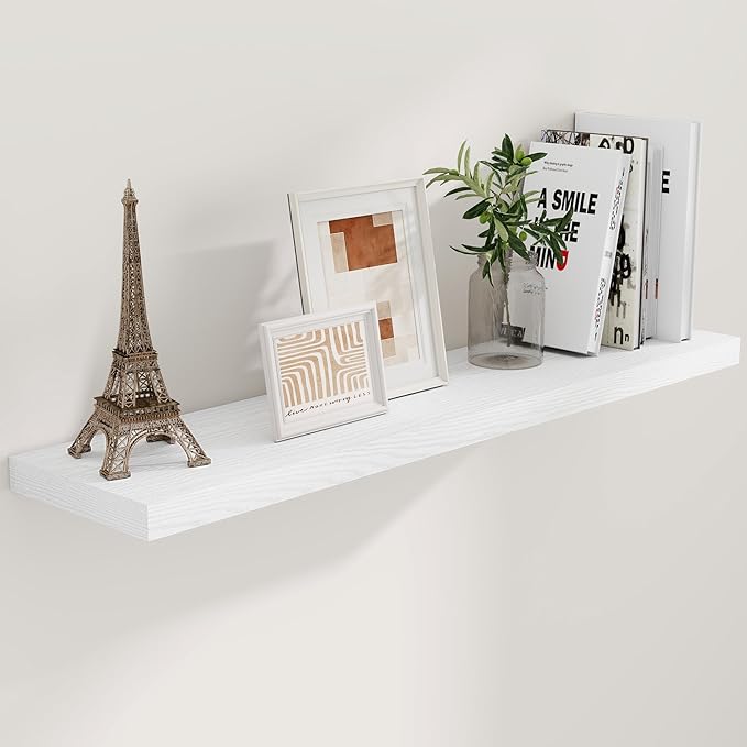 48 Inch Floating Shelves White, Rustic Wood Floating Shelf Wall Mounted, 9 Inch Deep Floating Shelf for Kitchen, Bedroom, 48 x 9 Wall Shelves for Home Storage, Set of 1