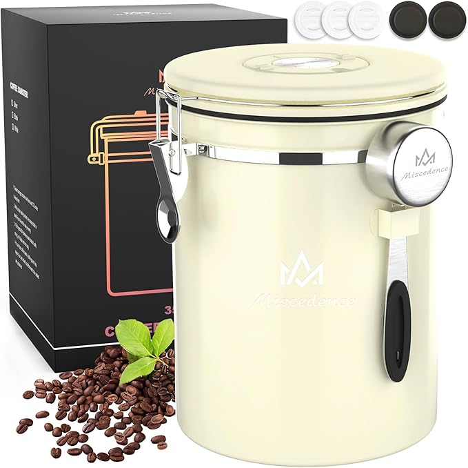 35OZ Coffee Canister for ground coffee with Date Tracker,beige 304 Stainless Steel Kitchen Food Airtight storage container for Coffee Beans or Grounds, Tea, Sugar