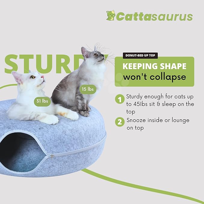 Cattasaurus Peekaboo Cat Cave, Extra Spacious for Multiple & Large Cats 12+ lbs, Scratch Detachable Beds for Indoor Cats, Washable Tunnel Bed, Comfy Cat Donut Tunnel (Light Gray+Light Gray, Jumbo)