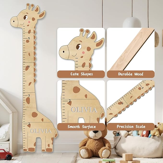 Personalized Name Kids Growth Chart for Wall, Cute Giraffe Wooden Growth Chart Kids Height Chart, Wall Measurement for Kids, Height Chart for Wall, Growth Ruler for Children