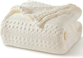 PHF 100% Cotton Waffle Weave Blanket Queen Size, Soft Lightweight Breathable Cozy Summer Blankets for Bed, Luxury Aesthetic Woven Bedding for Home Decor, 90"x90", Ivory