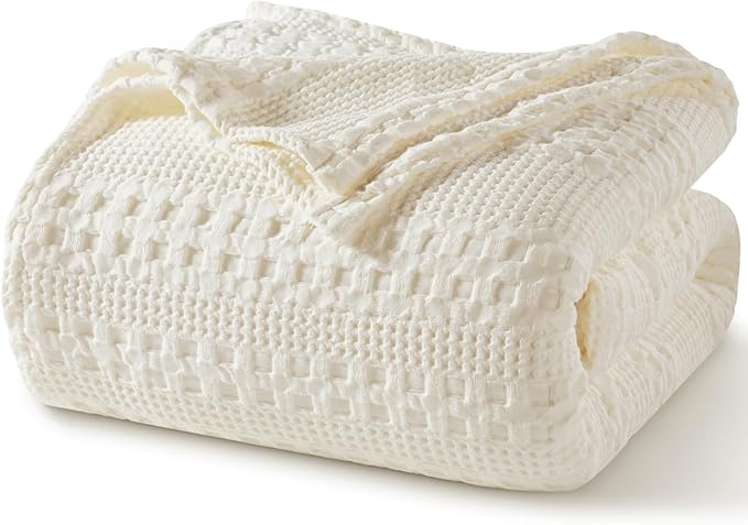 PHF 100% Cotton Waffle Weave Blanket King Size, Soft Lightweight Breathable Cozy Summer Blankets for Bed, Luxury Aesthetic Woven Bedding for Home Decor, 108"x90", Ivory