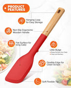 Cooking Spoon and Scraper for Nonstick Cookwares, Great for Cooking and Serving Durable BPA-Free Matte Silicone, Wood Handle Multifunction Spoon for Mixing, Scoop, and Scrape (RED)