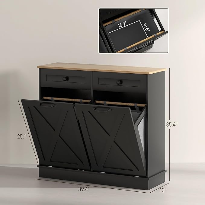 HOMCOM Tilt Out Laundry Hamper Cabinet with 2 Removable Baskets, Freestanding Bathroom Storage Cabinet with 2 Drawers, Trash Can Cabinet for Living Room, Laundry Room, Black
