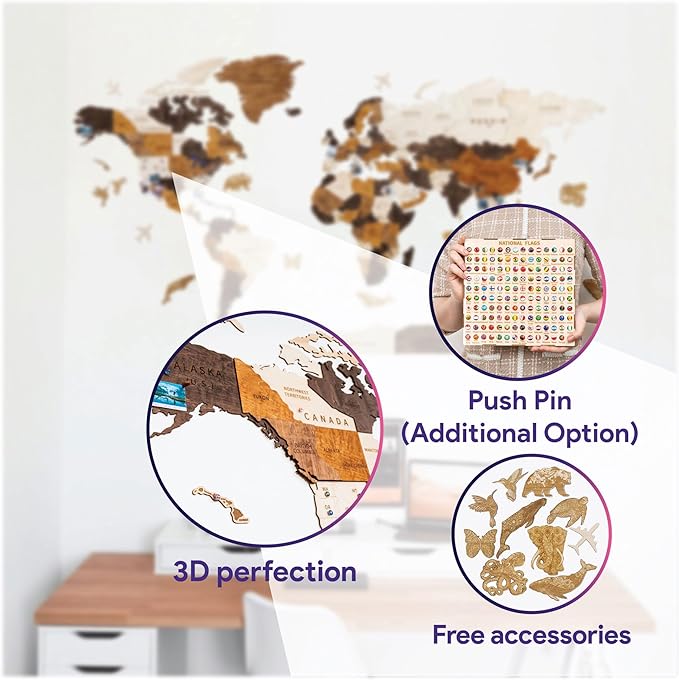 HYPERI Multilayered 3D Wooden World Map Wall Decor, Wood Art Wall Decor, Mapa Mundi Para Pared, World Maps and Push Pins, Valentine's Day Gifts For Dad, Mom, Boss, Husband, Wife (Medium)