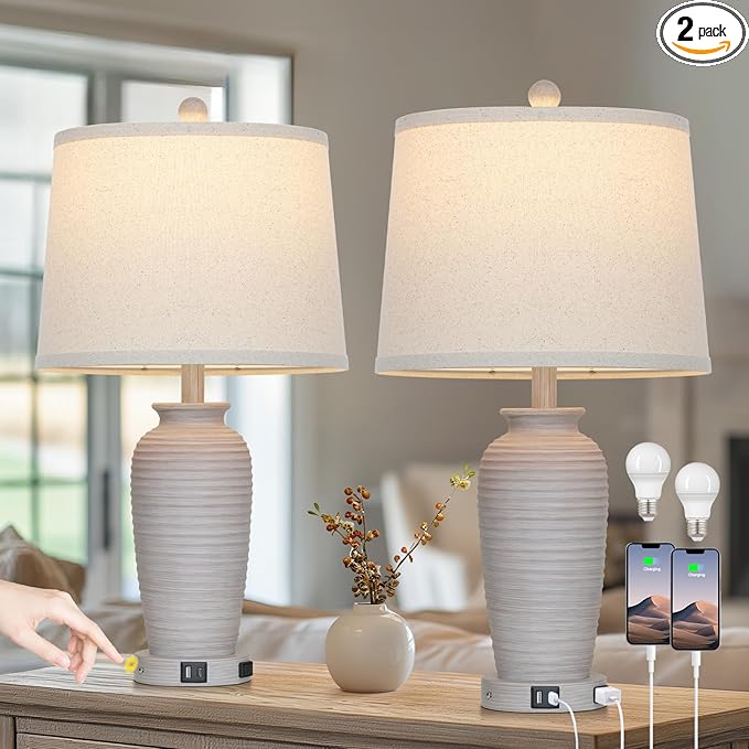 25“ Traditional Table Lamps Set of 2, Bedside Touch Lamp with USB C+A Charging Ports, Rustic Farmhouse Jar Table Lamps for Living Room Bedroom, Side Table Lamp with Beige Fabric Shade, Antique Grey