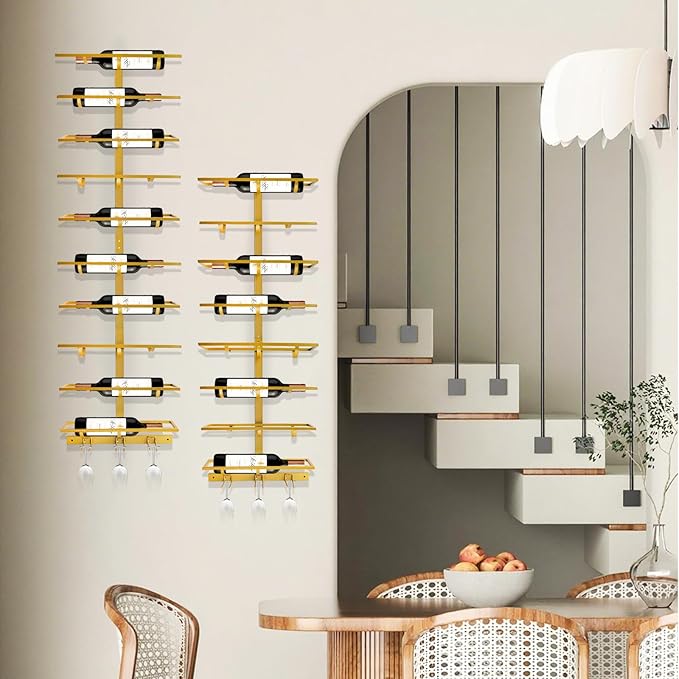 10 Bottle Wall Mount Wine Rack with Wine Glass Holder, Metal Wine Wall Rack, Wall Racks for Wine Bottles Display and Storage, Hanging Bottle Organizer for Living Dining Room Wine Cellar Bar (Gold)