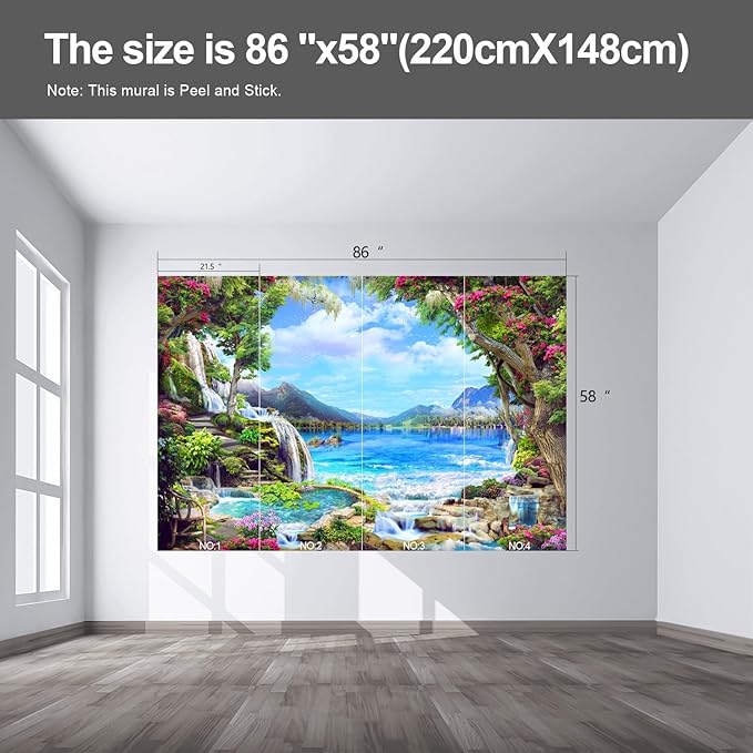 Landscape Lake Waterfall Wall murals Peel and Stick Wallpaper for Bedroom Living Room - 58"x86"