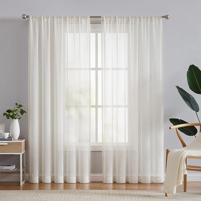 FMFUNCTEX Linen Sheer Curtains for Living Room, Beige Curtains 108 inches Long for Bedroom, Natural Flax Blend Window Draperies for Farmhouse Curtain, Rod Pocket 2 Panels