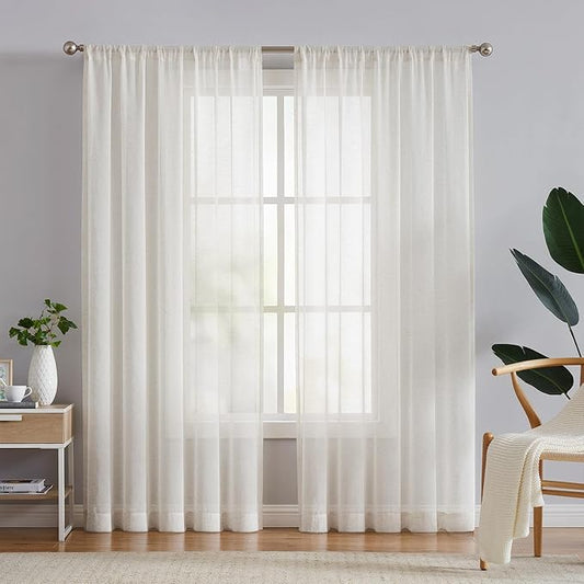 FMFUNCTEX Linen Sheer Curtains for Living Room, Beige Curtains 90 inches Long for Bedroom, Natural Flax Blend Window Draperies for Farmhouse Curtain, Rod Pocket 2 Panels