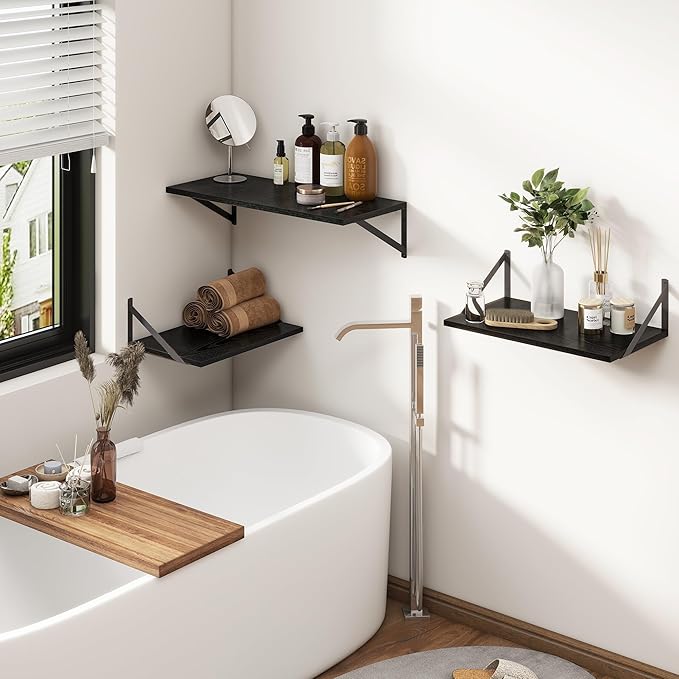 Fun Memories 27.5" W x12 D Floating Shelves, Black Wall Shelf with Brackets, 12 Inch Deep Floating Shelf Set of 2, Large Storage Kitchen Living Room Bathroom Shelves, Wood Wall Mounted Shelf