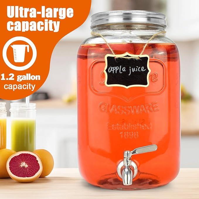 DD&HAPP Glass Drink Dispensers For Parties. 1.2 Gallon Beverage Dispenser With Stand And Stainless Steel Spigot .Lemonade Dispenser With Ice Cylinder.Mason Jars,Laundry Detergent Dispenser.