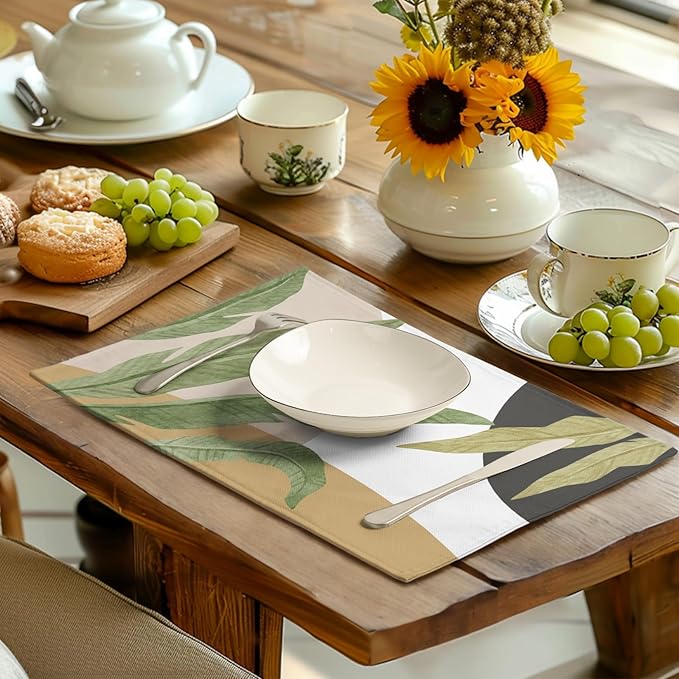 Tropical Palm Leaf Linen Placemats Set of 4 Summer Green Banana Leaves Themed Kitchen Place Mats Washable Non-Slip Heat Resistant Fabric Dining Table Placemats 12x18 Inch
