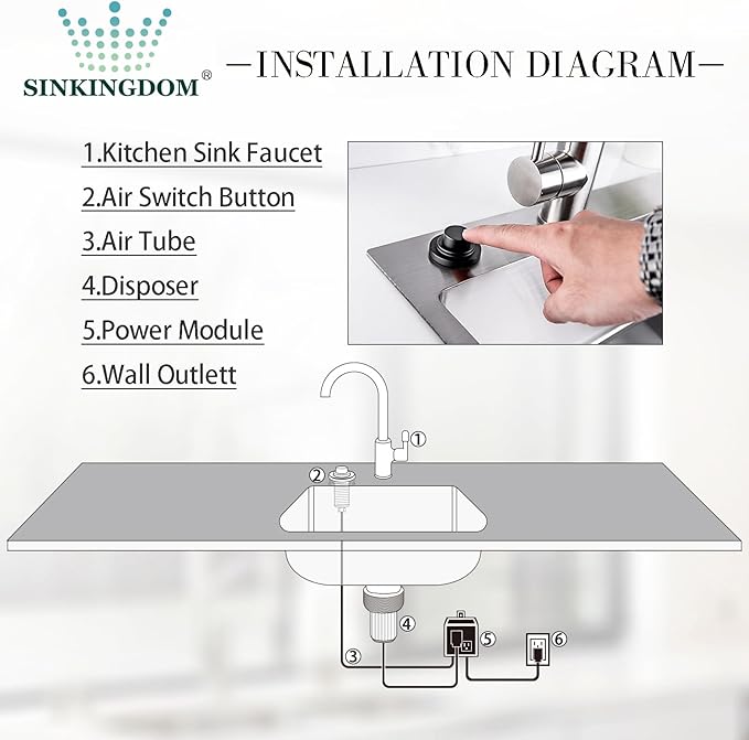 SinkTop Air Switch Kit (Long Full Brass Button) for Disposal, Dual Outlet, (Matte Black)