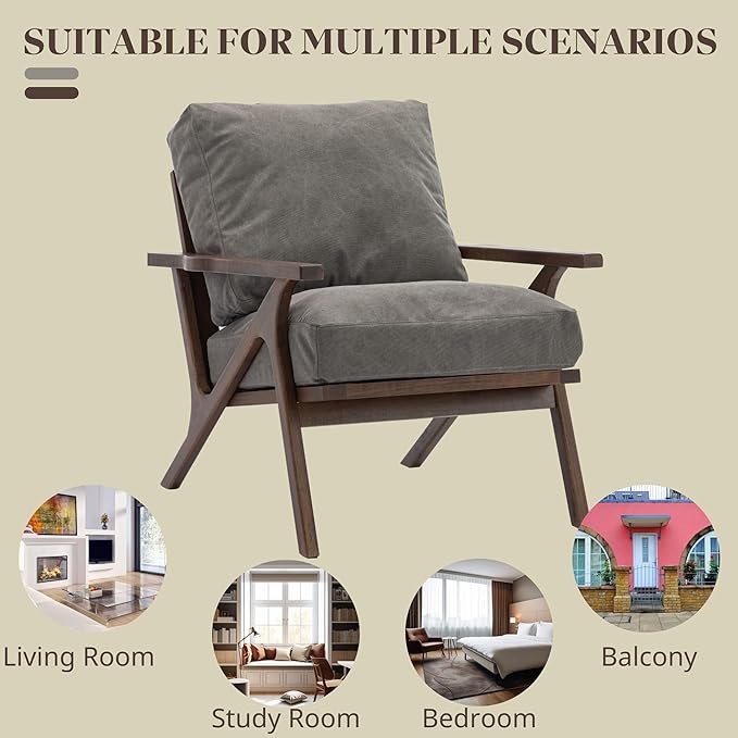 Wahson Mid Century Arm Chair and Ottoman Set, Upholstered Accent Armchair with Wood Frame and Canvas Cushions, Leisure Slipper Chair for Living Room/Bedroom, Grey