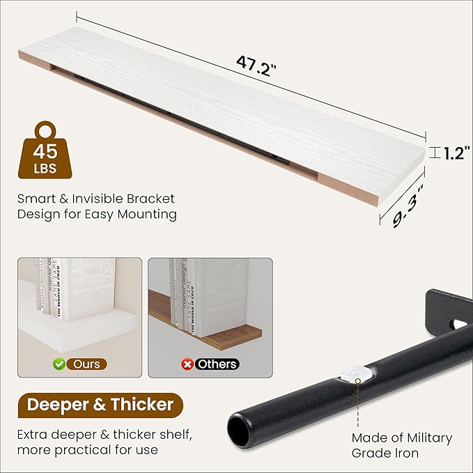 Fun Memories 48 Inch Deep Floating Shelves for Wall, 2 Pack of Long Wall Mounted Wood Shelves with Invisible Brackets for Bathroom, Bedroom, Living Room, Kitchen Decor and Storage, White