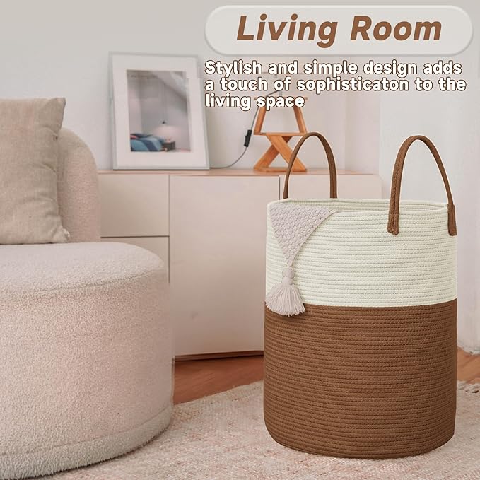 Large Woven Laundry Basket Hamper,100L Cotton Rope Storage Bin for Blankets,Toys and Clothes,Decorative Tall Nursery Hamper for Living Room,Baby Nursery,Bathroom and Bedroom,White and Brown