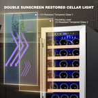 Tylza 15 Inch Wine Cooler Under Counter, 33 Bottle Built-in Wine Fridge with Stainless Steel Tempered Glass Door, Temp Memory Function, Freestanding Fast Cooling Wine refrigerator, Quiet Operation