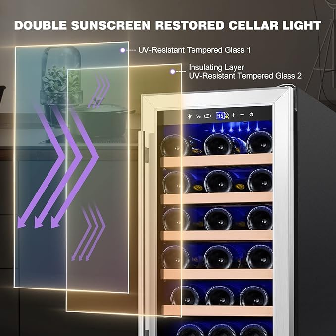 Tylza 15 Inch Wine Cooler Under Counter, 33 Bottle Built-in Wine Fridge with Stainless Steel Tempered Glass Door, Temp Memory Function, Freestanding Fast Cooling Wine refrigerator, Quiet Operation