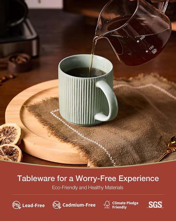 famiware Coffee Mug Set for 6, Star 12 oz Catering Mugs Cup Set with Handle for Coffee, Tea, Cocoa, Milk - Ceramic Stoneware Drinkware Set, Matte Green