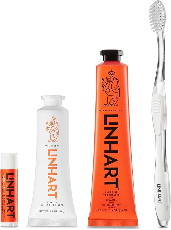 LINHART Smile Collection –Teeth Whitening Gift Set Include Toothpaste, Whitener Gel, Toothbrush, Lip Balm- Home and Travel Set White Teeth for Women and Man